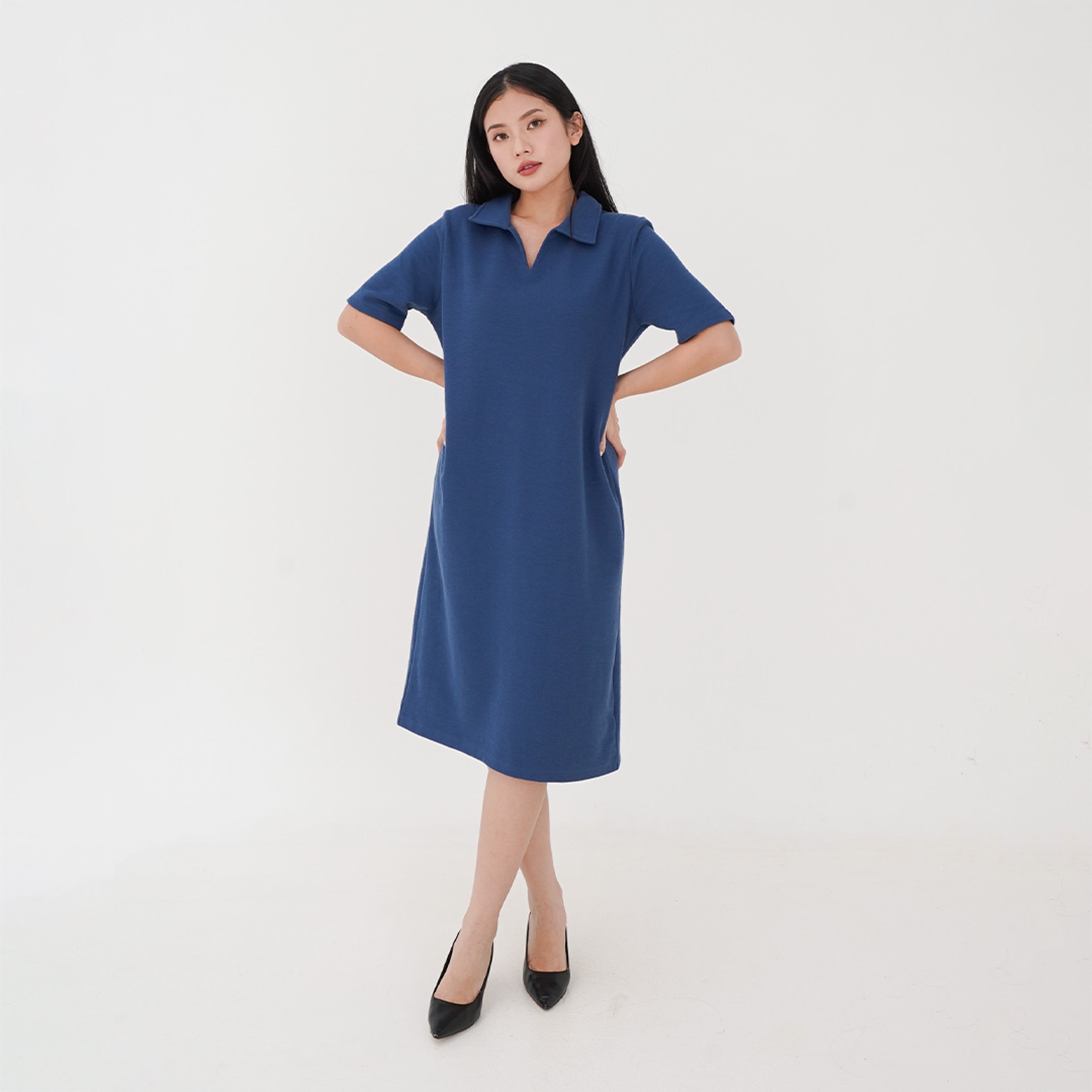 ZIANDGLO Raely Collar Dress | Dress Midi Berkerah Wanita - Cross Stitch