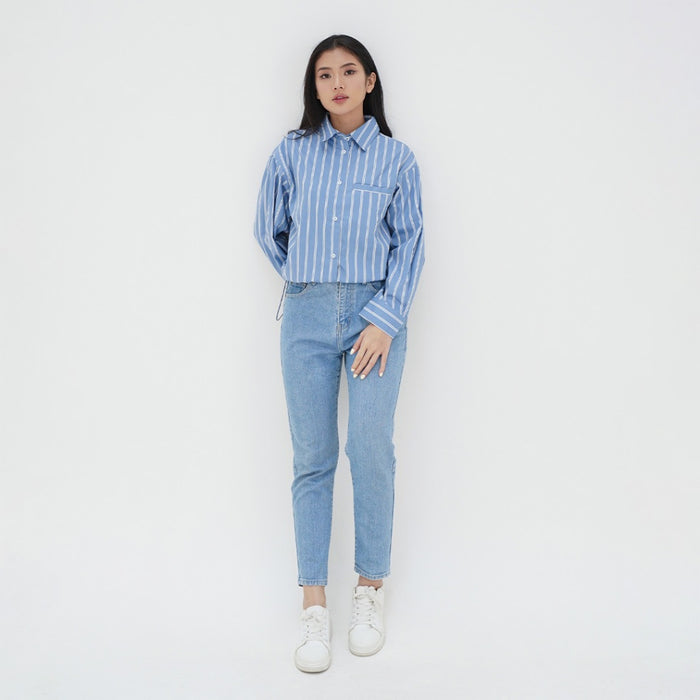 ZIANDGLO Hanna Long Shirt | Kemeja Crop Lengan Panjang Garis Wanita - Cotton