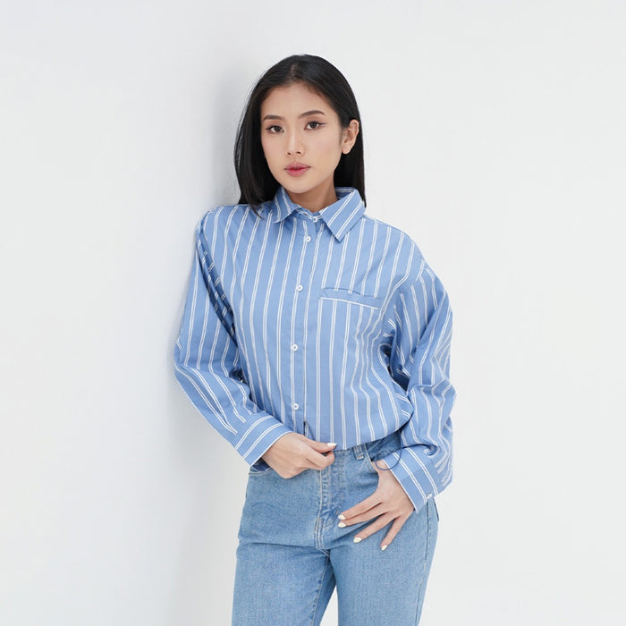 ZIANDGLO Hanna Long Shirt | Kemeja Crop Lengan Panjang Garis Wanita - Cotton